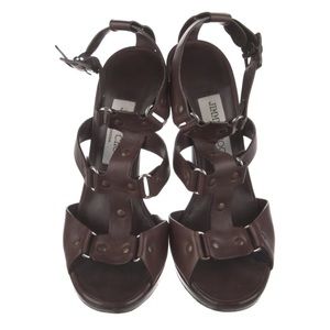 Jimmy Choo Leather Sandals T-Strap Studded Brown Pumps Heels Size 8.5 38.5